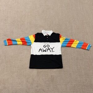 Colorblock 'Go Away' Kids Polo Sweatshirt with Rainbow Striped Sleeves